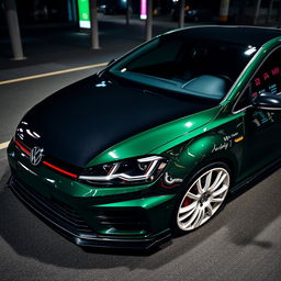 A dark green MK7 VW Golf featuring a very aggressive body kit, complemented by a sleek black carbon fiber hood and striking white rims