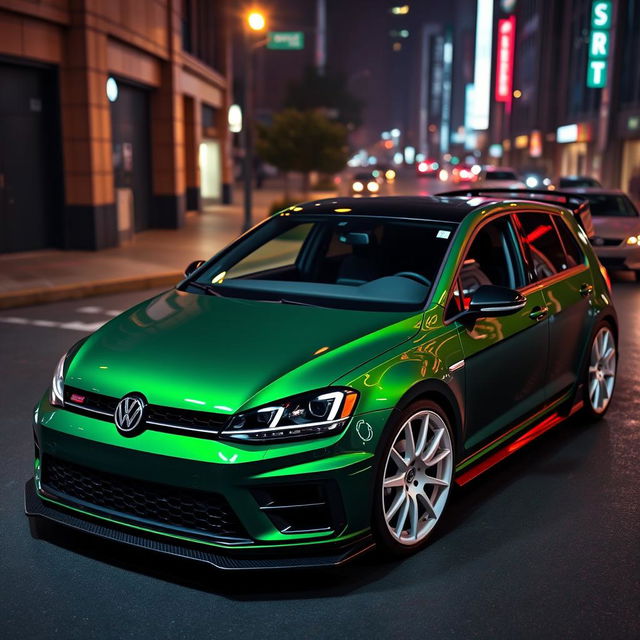 A dark green MK7 VW Golf featuring a very aggressive body kit, complemented by a sleek black carbon fiber hood and striking white rims