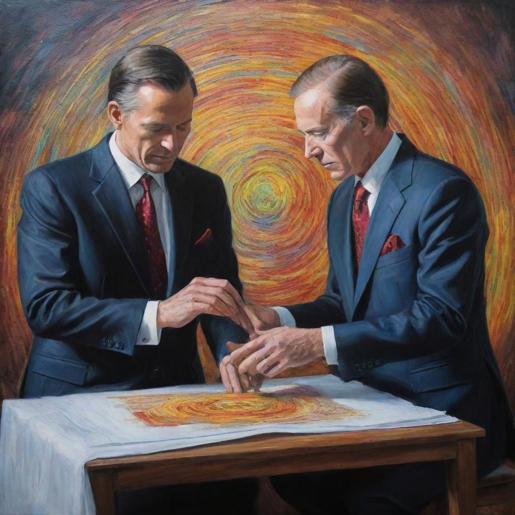 A prophetic painting set in 2050, portraying a suited individual weaving magic with their hands over a sheet of paper, symbolizing the merger of mysticism and future