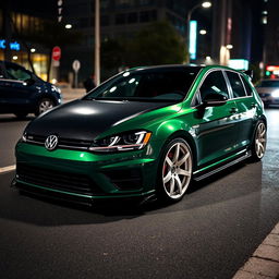 A dark green MK7 VW Golf featuring a very aggressive body kit, complemented by a sleek black carbon fiber hood and striking white rims