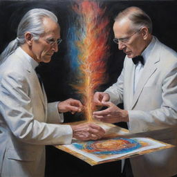 A prophetic painting set in 2050, portraying a suited individual weaving magic with their hands over a sheet of paper, symbolizing the merger of mysticism and future