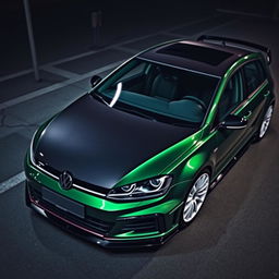 A dark green MK7 VW Golf featuring a very aggressive body kit, with the entire hood made of sleek black carbon fiber and striking white rims