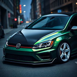 A dark green MK7 VW Golf featuring a very aggressive body kit, with the entire hood made of sleek black carbon fiber and striking white rims
