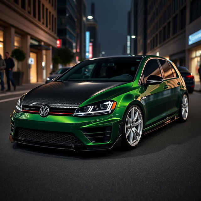 A dark green MK7 VW Golf featuring a very aggressive body kit, with the entire hood made of sleek black carbon fiber and striking white rims