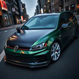 A dark green MK7 VW Golf featuring a very aggressive body kit, with the entire hood made of sleek black carbon fiber and striking white rims
