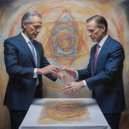 A prophetic painting set in 2050, portraying a suited individual weaving magic with their hands over a sheet of paper, symbolizing the merger of mysticism and future