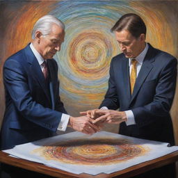 A prophetic painting set in 2050, portraying a suited individual weaving magic with their hands over a sheet of paper, symbolizing the merger of mysticism and future