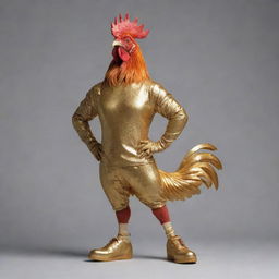 An anthropomorphized rooster standing proudly in gleaming golden sneakers.