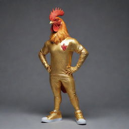 An anthropomorphized rooster standing proudly in gleaming golden sneakers.