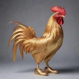 An anthropomorphized rooster standing proudly in gleaming golden sneakers.