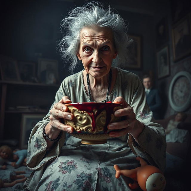 A sinister-looking elderly woman with wild, unkempt gray hair, dressed in a tattered floral dress, sits in a dimly lit, eerie room filled with shadows