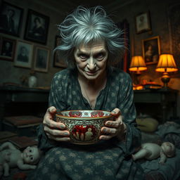 A sinister-looking elderly woman with wild, unkempt gray hair, dressed in a tattered floral dress, sits in a dimly lit, eerie room filled with shadows