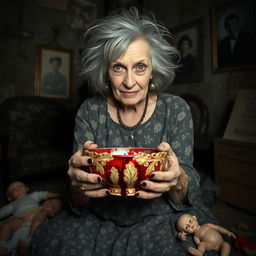 A sinister-looking elderly woman with wild, unkempt gray hair, dressed in a tattered floral dress, sits in a dimly lit, eerie room filled with shadows