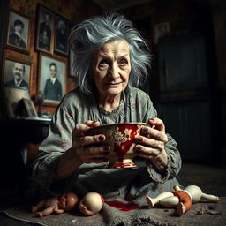 A sinister-looking elderly woman with wild, unkempt gray hair, dressed in a tattered floral dress, sits in a dimly lit, eerie room filled with shadows