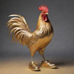 An anthropomorphized rooster standing proudly in gleaming golden sneakers.