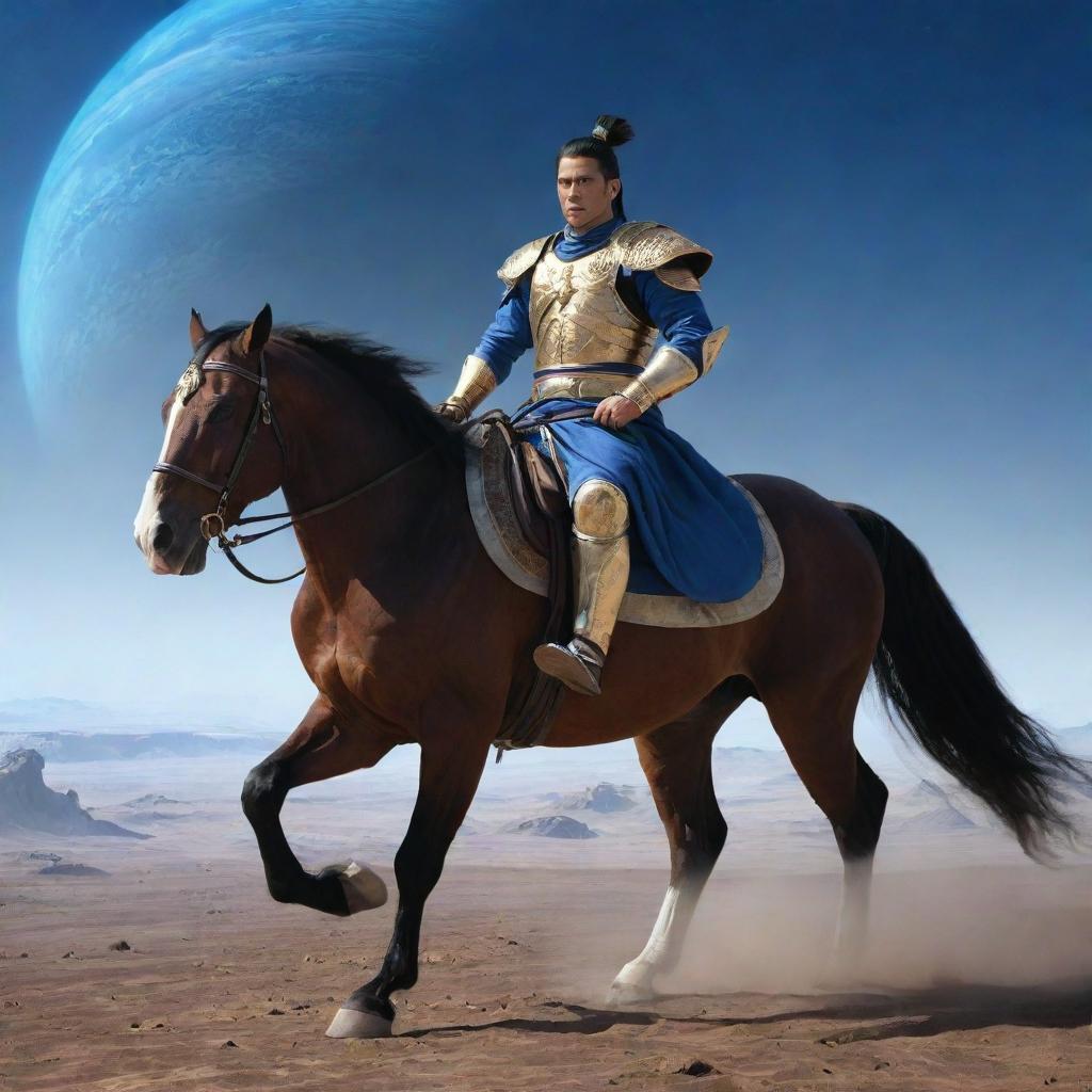 A Nogai warrior, in traditional attire, riding a powerful horse on the planet Neptune, with the blue gas giant in the backdrop