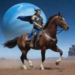 A Nogai warrior, in traditional attire, riding a powerful horse on the planet Neptune, with the blue gas giant in the backdrop