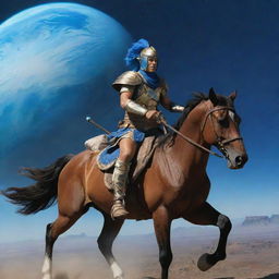 A Nogai warrior, in traditional attire, riding a powerful horse on the planet Neptune, with the blue gas giant in the backdrop