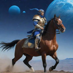 A Nogai warrior, in traditional attire, riding a powerful horse on the planet Neptune, with the blue gas giant in the backdrop