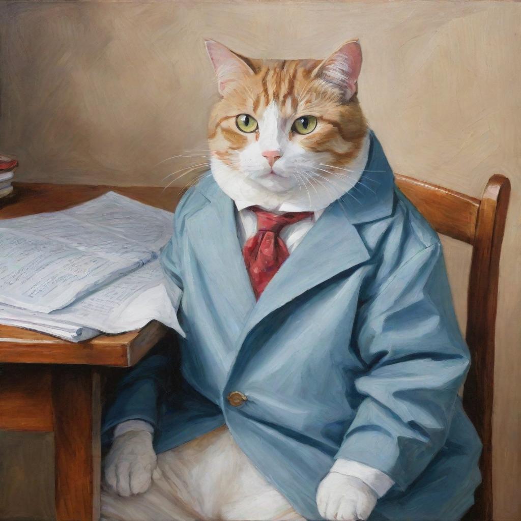 An adorable painting featuring a cat smartly dressed in a jacket sitting at a table and playfully engaging with sheets of paper