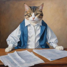 An adorable painting featuring a cat smartly dressed in a jacket sitting at a table and playfully engaging with sheets of paper