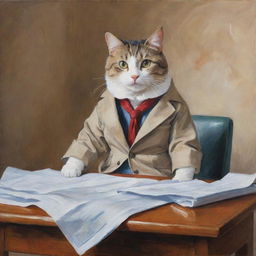 An adorable painting featuring a cat smartly dressed in a jacket sitting at a table and playfully engaging with sheets of paper