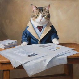 An adorable painting featuring a cat smartly dressed in a jacket sitting at a table and playfully engaging with sheets of paper