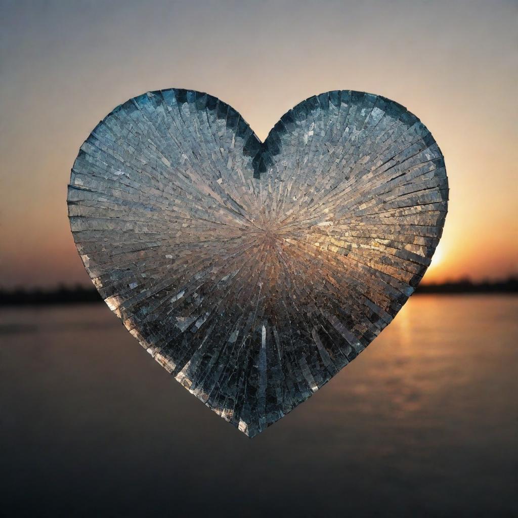 A heart symbol made of shattered glass, signifying the sorrow of love, set against a dark, melancholic background with faint hints of sunset colors