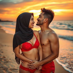 A romantic beach setting featuring a Chinese woman wearing a hijab, adorned in a striking red bra and matching red underwear, engaged in an intimate moment with a handsome man