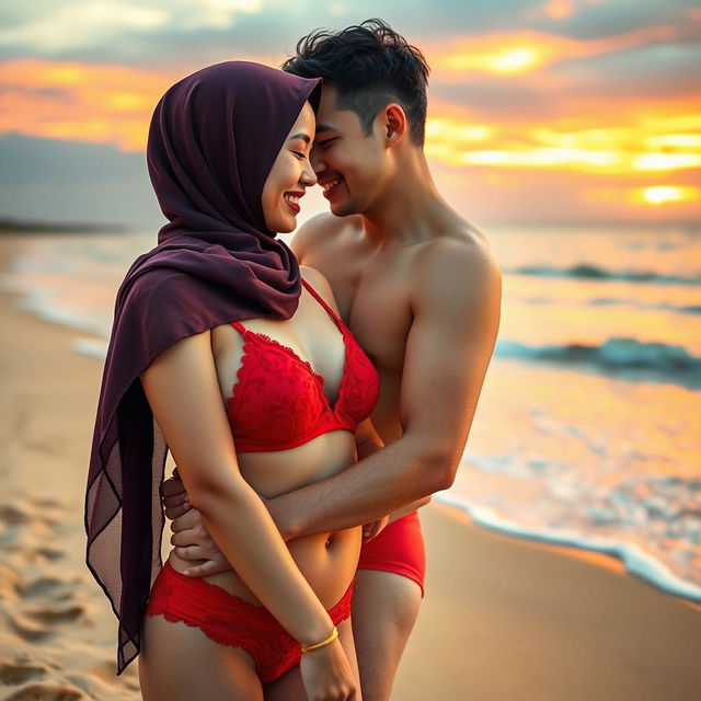 A romantic beach setting featuring a Chinese woman wearing a hijab, adorned in a striking red bra and matching red underwear, engaged in an intimate moment with a handsome man