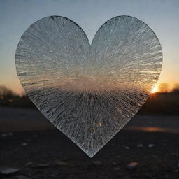 A heart symbol made of shattered glass, signifying the sorrow of love, set against a dark, melancholic background with faint hints of sunset colors