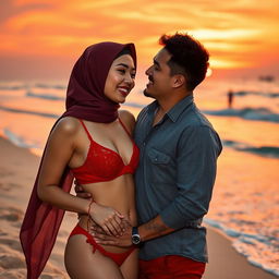 A romantic beach setting featuring a Chinese woman wearing a hijab, adorned in a striking red bra and matching red underwear, engaged in an intimate moment with a handsome man