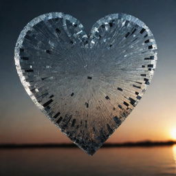 A heart symbol made of shattered glass, signifying the sorrow of love, set against a dark, melancholic background with faint hints of sunset colors