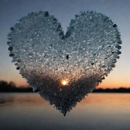 A heart symbol made of shattered glass, signifying the sorrow of love, set against a dark, melancholic background with faint hints of sunset colors