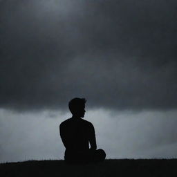 A silhouette of a melancholic lover, sitting alone beneath a gloomy sky, staring off into the distance