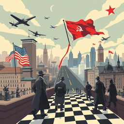 A vibrant and dynamic illustration depicting the Cold War era, featuring iconic symbols of the time such as the Berlin Wall, military aircraft, and spies in trench coats