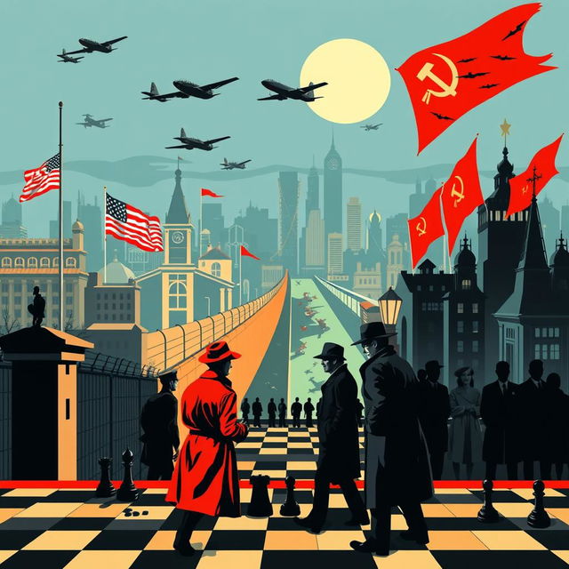 A vibrant and dynamic illustration depicting the Cold War era, featuring iconic symbols of the time such as the Berlin Wall, military aircraft, and spies in trench coats