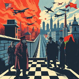 A vibrant and dynamic illustration depicting the Cold War era, featuring iconic symbols of the time such as the Berlin Wall, military aircraft, and spies in trench coats
