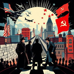 A vibrant and dynamic illustration depicting the Cold War era, featuring iconic symbols of the time such as the Berlin Wall, military aircraft, and spies in trench coats