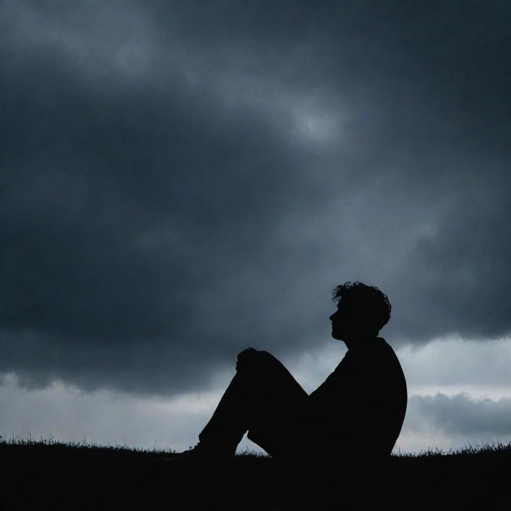 A silhouette of a melancholic lover, sitting alone beneath a gloomy sky, staring off into the distance