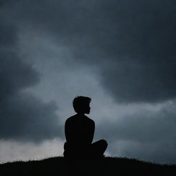 A silhouette of a melancholic lover, sitting alone beneath a gloomy sky, staring off into the distance