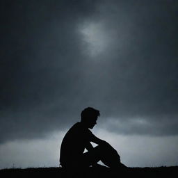 A silhouette of a melancholic lover, sitting alone beneath a gloomy sky, staring off into the distance