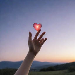 An ethereal and glowing heart floating just out of reach of an extended hand, symbolising unattainable love, against a dreamy twilight sky