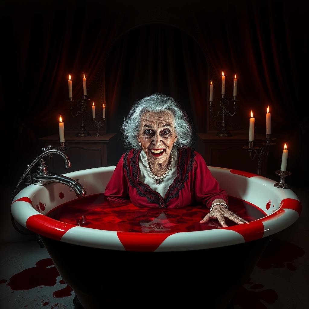 A sinister scene depicting an elderly woman with a malevolent expression, styled as a classic horror character