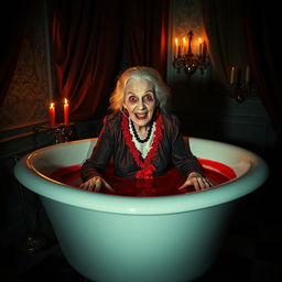 A sinister scene depicting an elderly woman with a malevolent expression, styled as a classic horror character