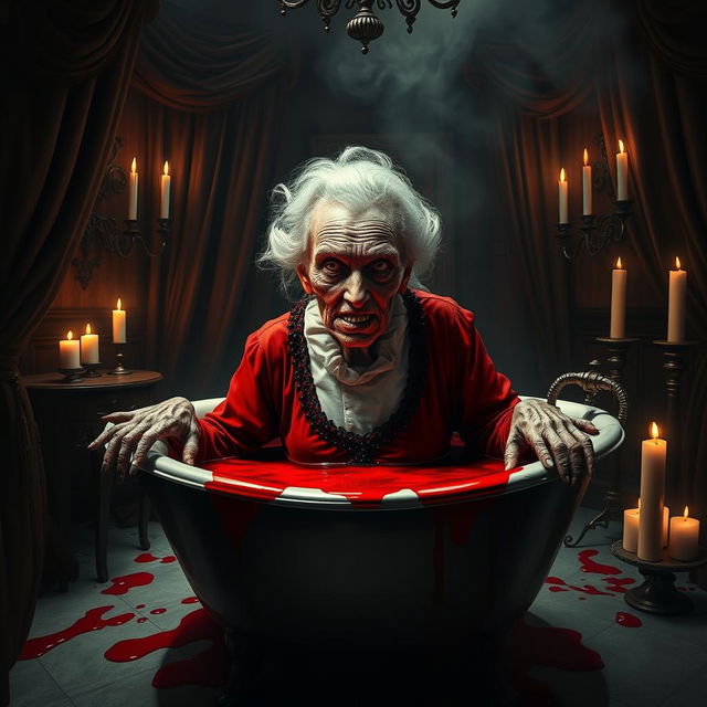 A sinister scene depicting an elderly woman with a malevolent expression, styled as a classic horror character