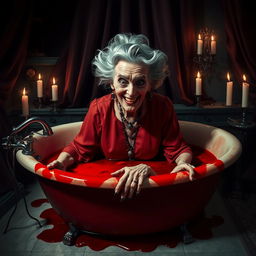 A sinister scene depicting an elderly woman with a malevolent expression, styled as a classic horror character