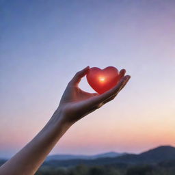 An ethereal and glowing heart floating just out of reach of an extended hand, symbolising unattainable love, against a dreamy twilight sky