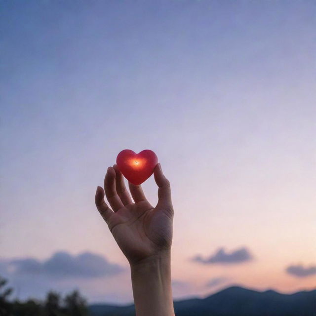 An ethereal and glowing heart floating just out of reach of an extended hand, symbolising unattainable love, against a dreamy twilight sky