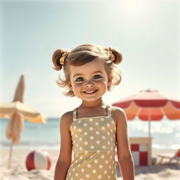 A cute girl with an adorable face wearing a vintage 1950s style swimsuit, set against a retro beach background